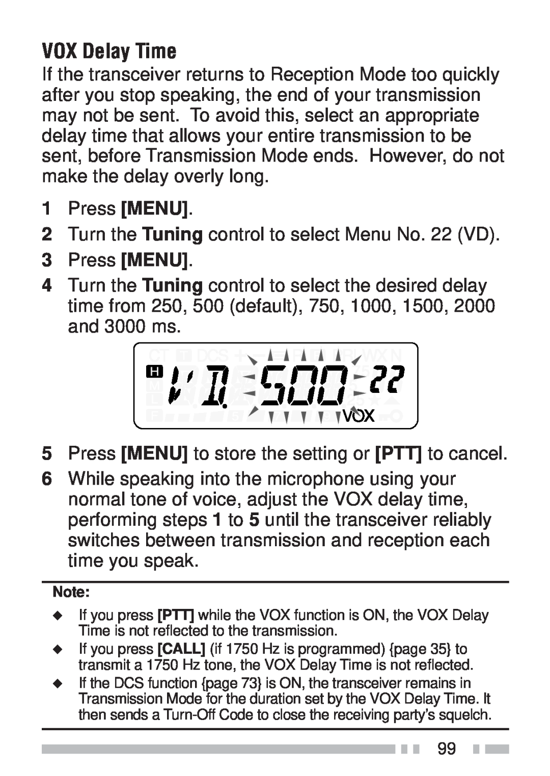 Kenwood TH-K2AT, TH-KAE, TH-K4AT, TH-K2ET instruction manual VOX Delay Time 