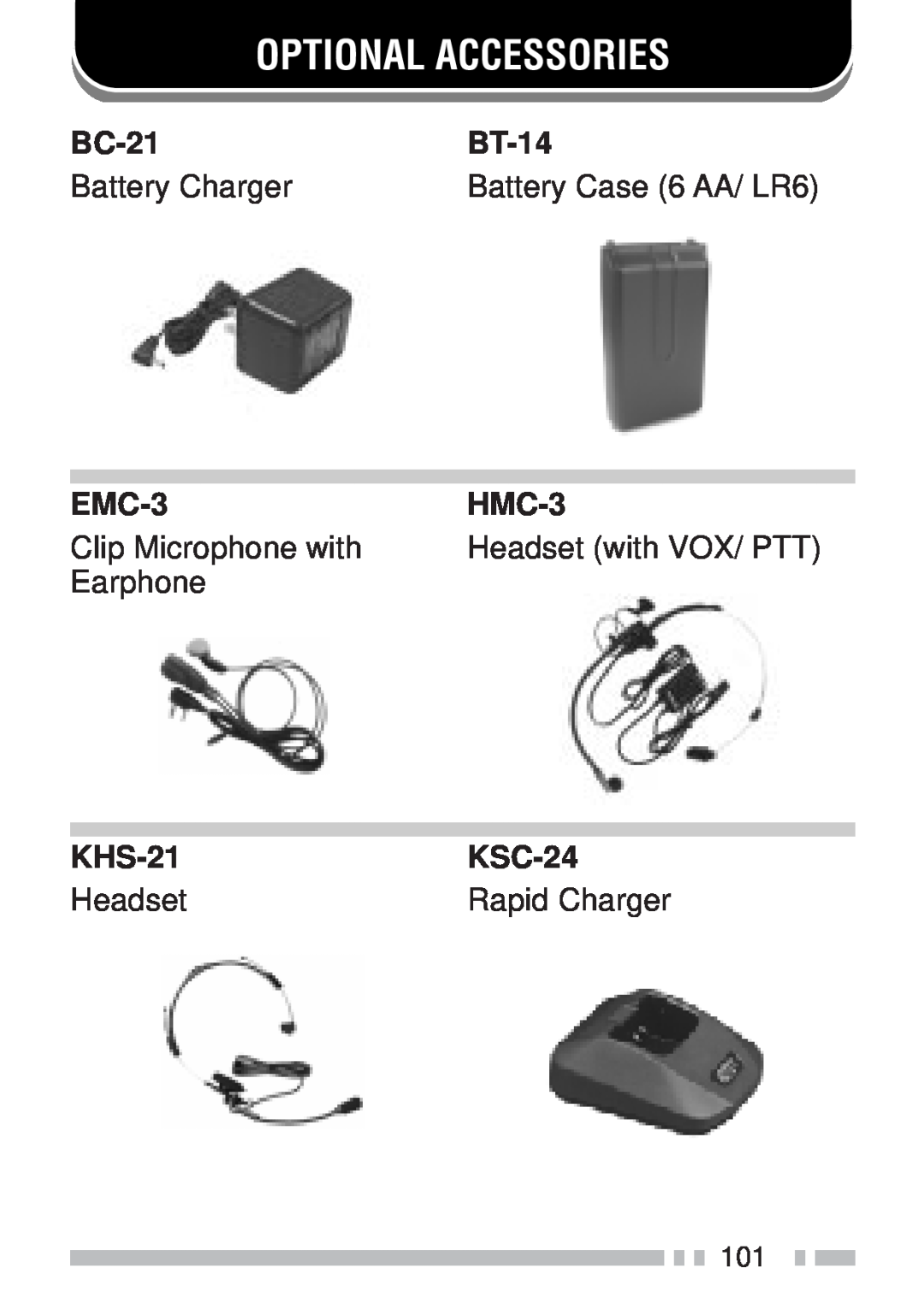 Kenwood TH-KAE Optional Accessories, BC-21, BT-14, Battery Charger, Battery Case 6 AA/ LR6, EMC-3, HMC-3, KHS-21, KSC-24 