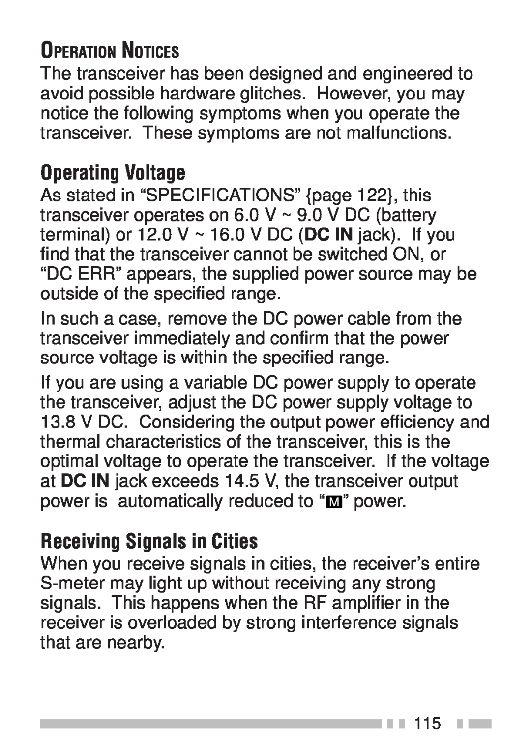 Kenwood TH-KAE, TH-K4AT, TH-K2ET, TH-K2AT instruction manual Operating Voltage, Receiving Signals in Cities 