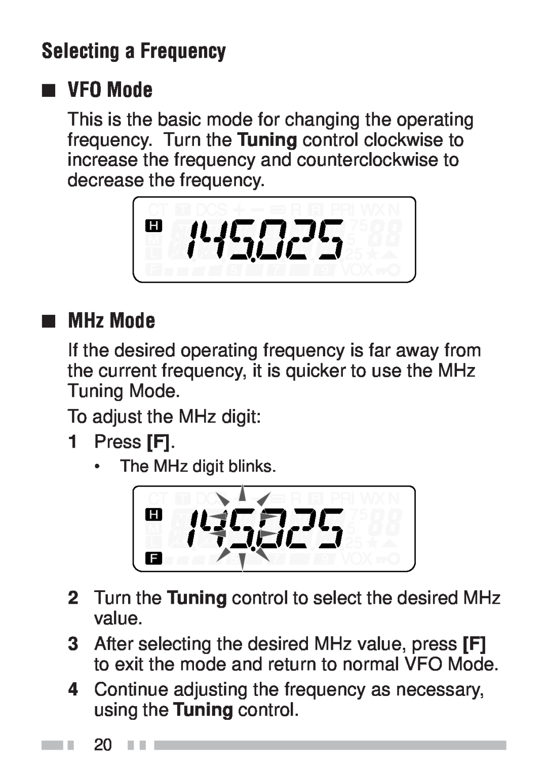 Kenwood TH-KAE, TH-K4AT, TH-K2ET, TH-K2AT instruction manual Selecting a Frequency VFO Mode, MHz Mode 