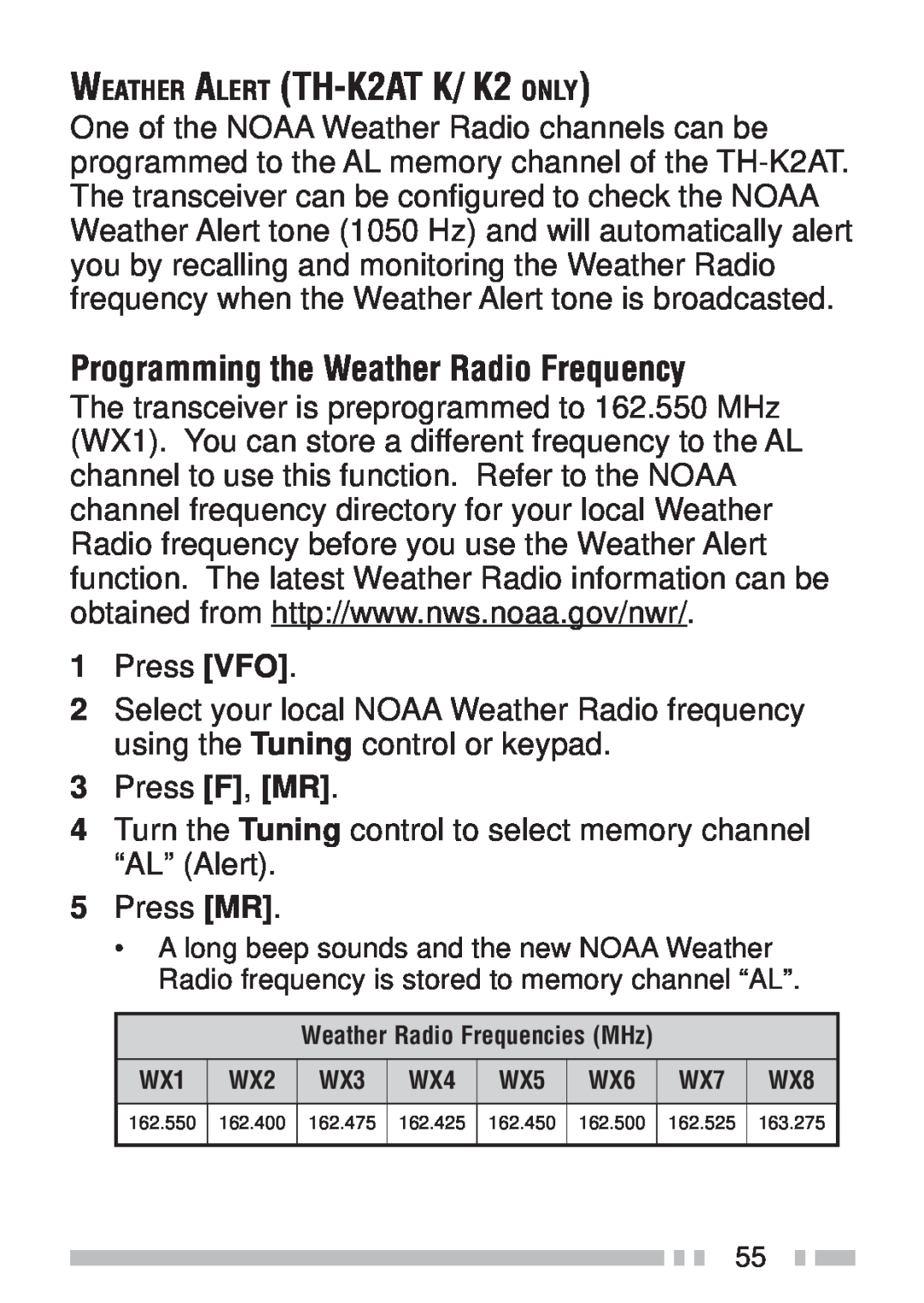 Kenwood TH-KAE, TH-K4AT, TH-K2ET WEATHER ALERT TH-K2ATK/ K2 ONLY, Programming the Weather Radio Frequency 