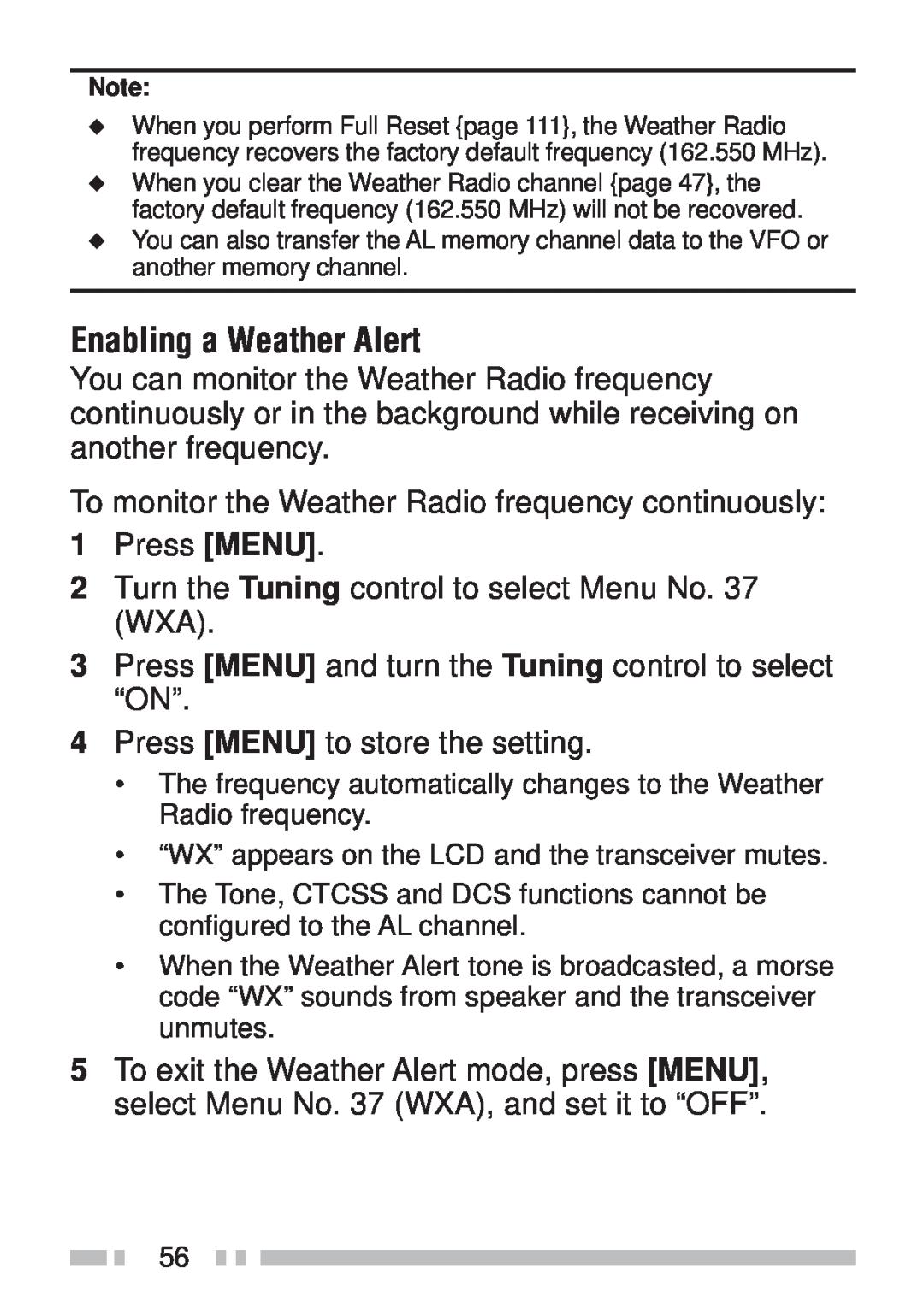 Kenwood TH-KAE, TH-K4AT, TH-K2ET, TH-K2AT instruction manual Enabling a Weather Alert 