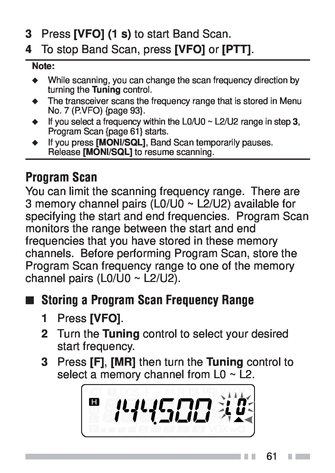 Kenwood TH-KAE, TH-K4AT, TH-K2ET, TH-K2AT instruction manual Storing a Program Scan Frequency Range, Press VFO 