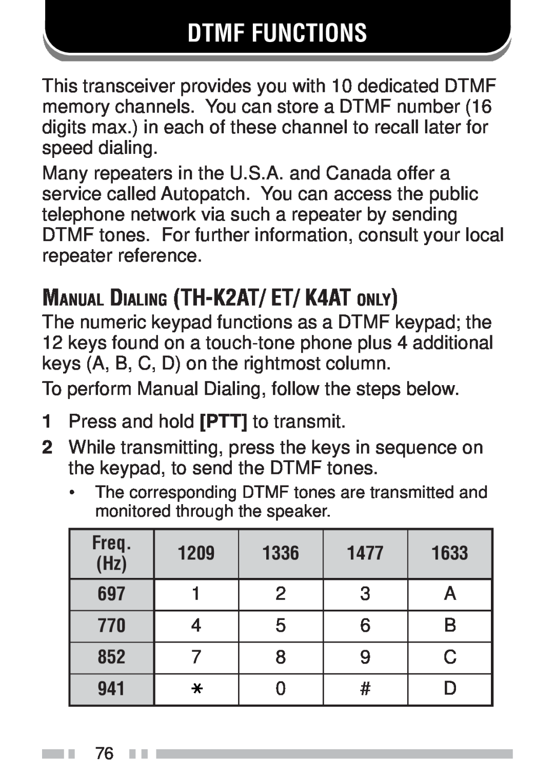 Kenwood TH-KAE, TH-K4AT, TH-K2ET Dtmf Functions, MANUAL DIALING TH-K2AT/ET/ K4AT ONLY, Freq, 1209, 1336, 1477, 1633 