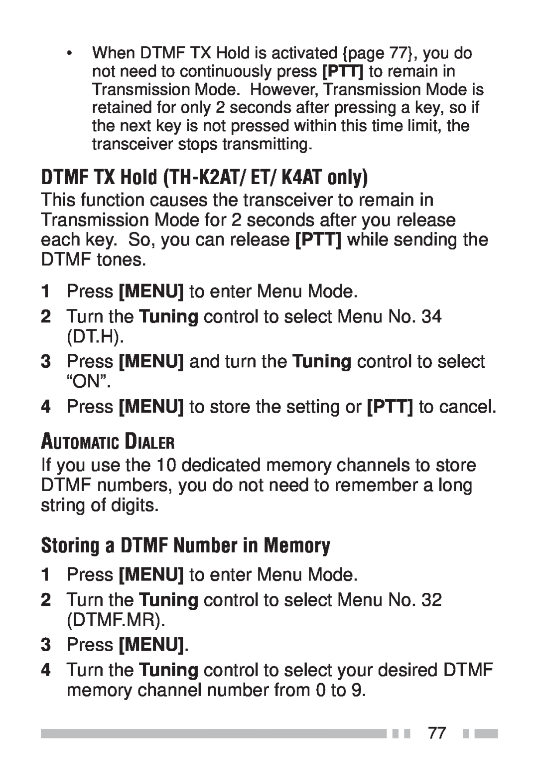 Kenwood TH-K4AT, TH-KAE, TH-K2ET instruction manual DTMF TX Hold TH-K2AT/ET/ K4AT only, Storing a DTMF Number in Memory 