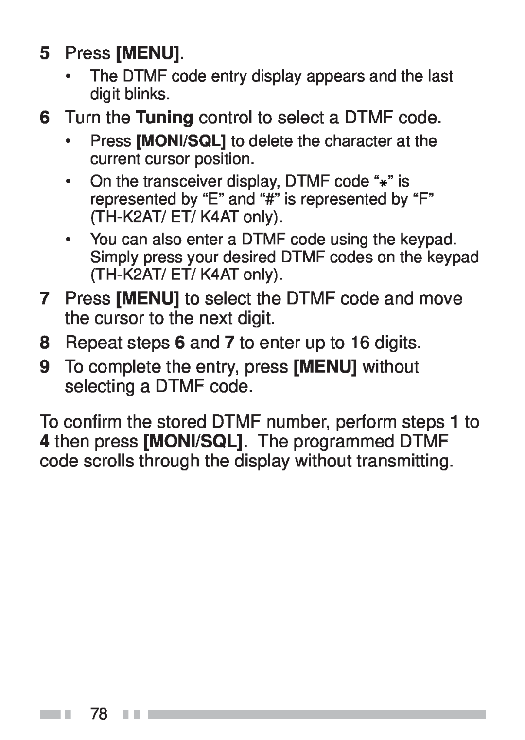 Kenwood TH-K2ET, TH-KAE, TH-K4AT, TH-K2AT instruction manual 5Press MENU 