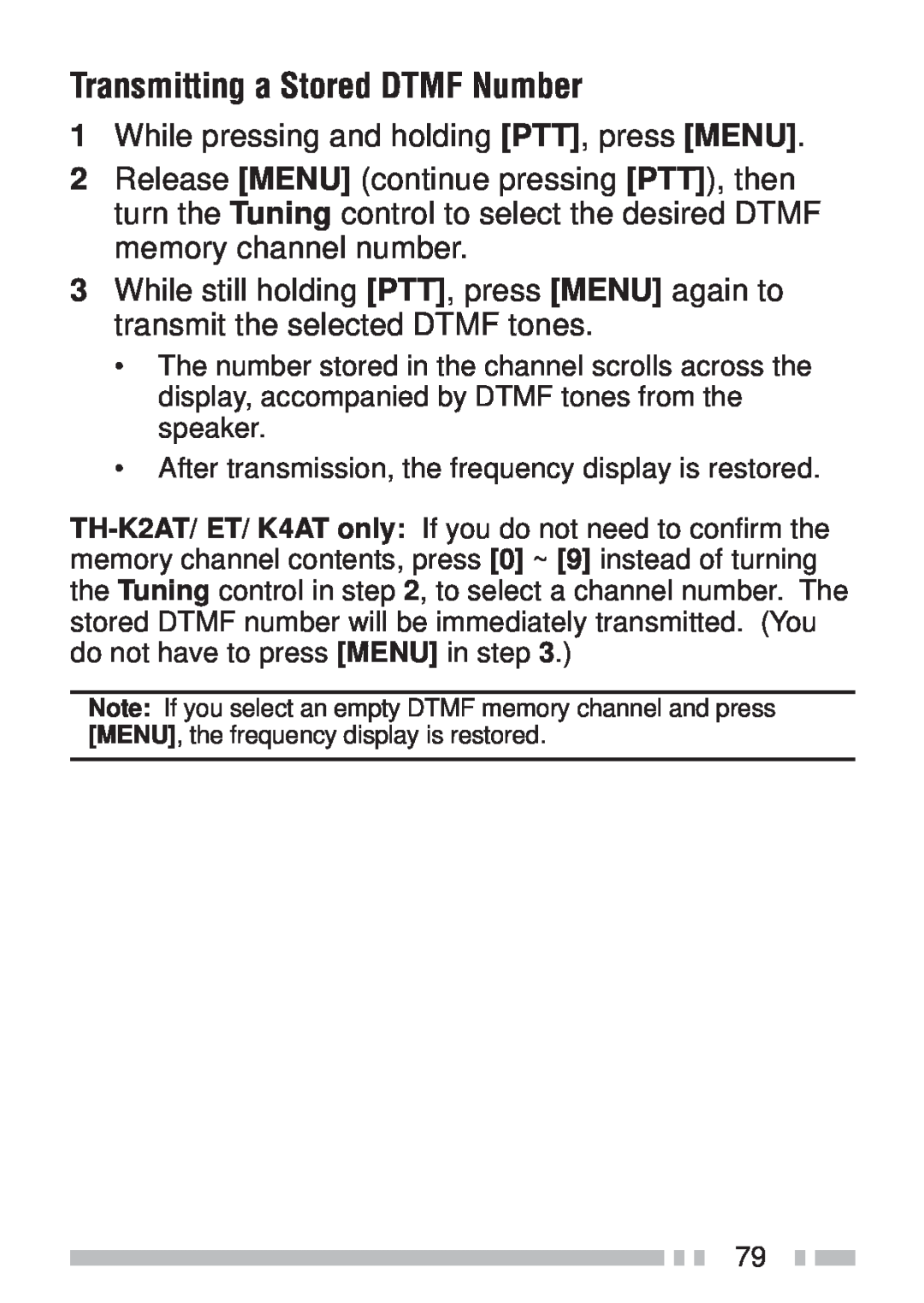 Kenwood TH-K2AT, TH-KAE, TH-K4AT, TH-K2ET instruction manual Transmitting a Stored DTMF Number 