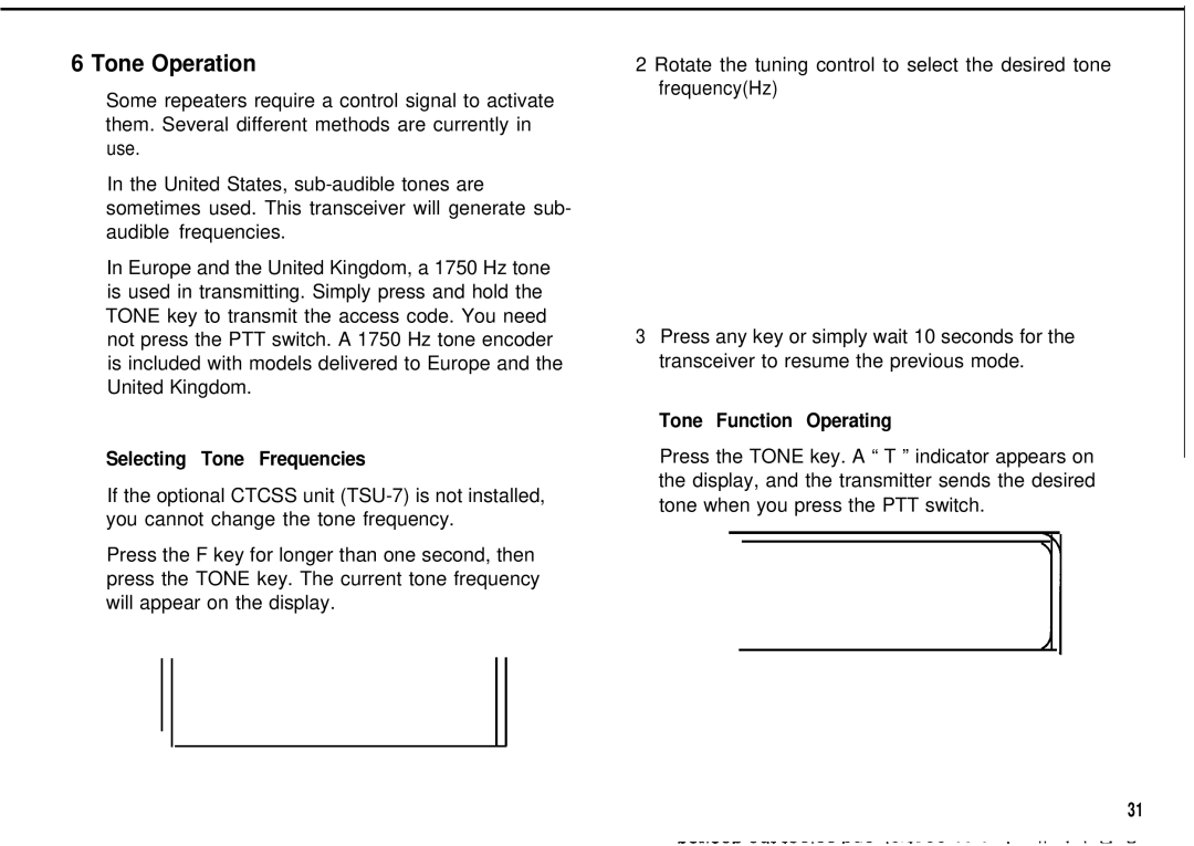 Kenwood TH78E, TH-78A instruction manual Tone Operation, Selecting Tone Frequencies, Tone Function Operating 