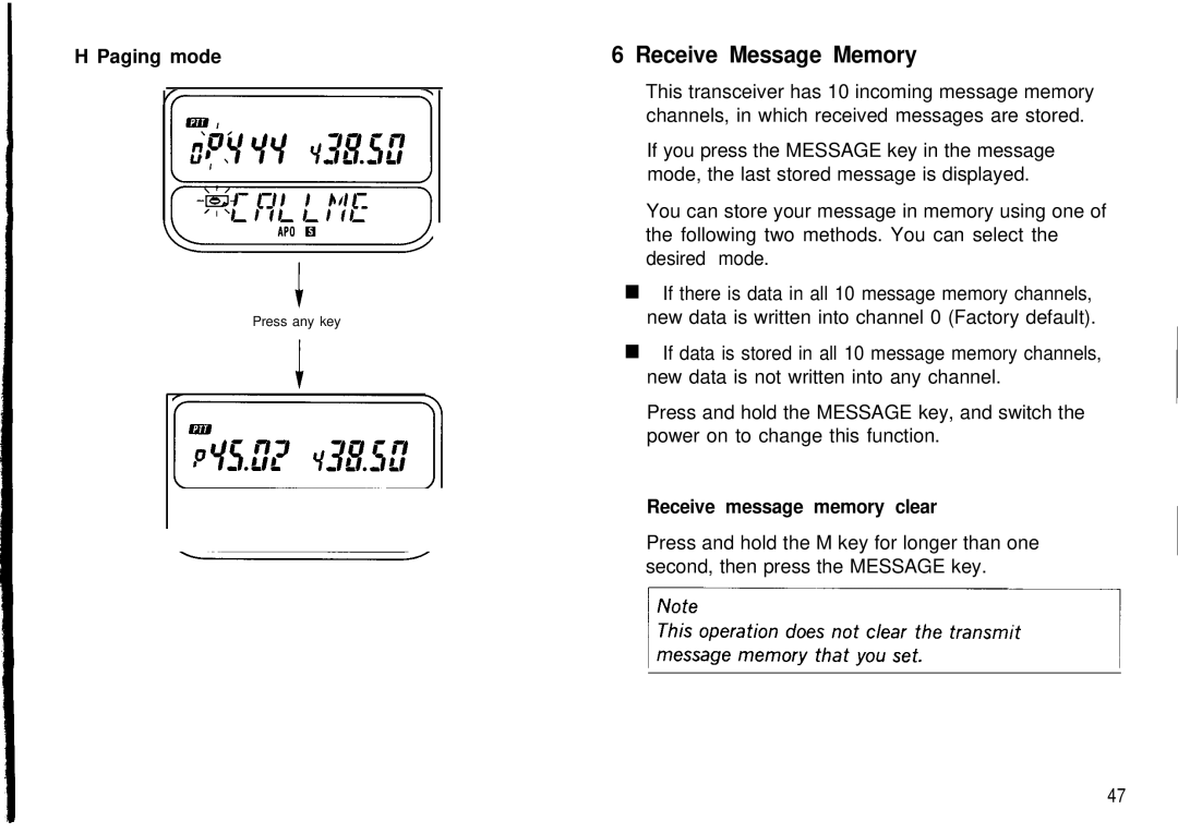 Kenwood TH-78A, TH78E instruction manual Receive Message Memory, Paging mode, Receive message memory clear 