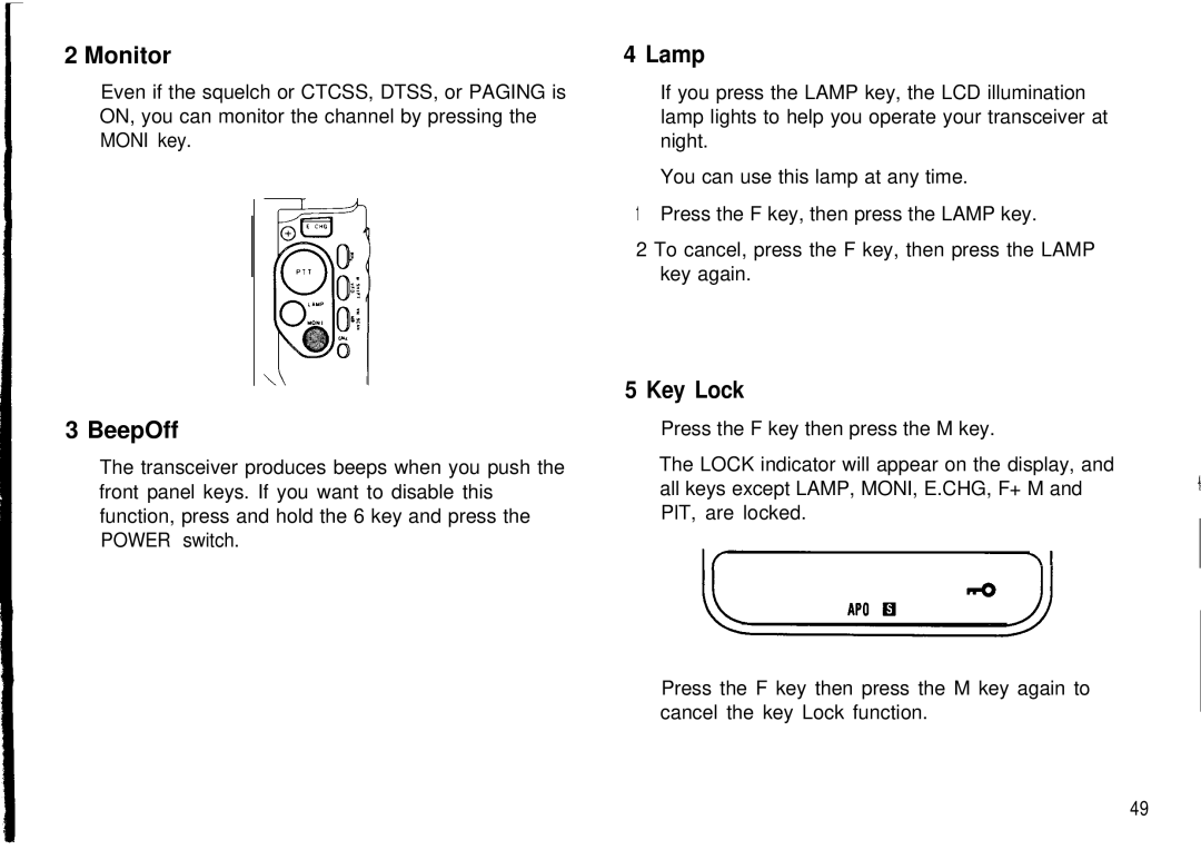Kenwood TH-78A, TH78E instruction manual Monitor, BeepOff, Lamp, Key Lock 