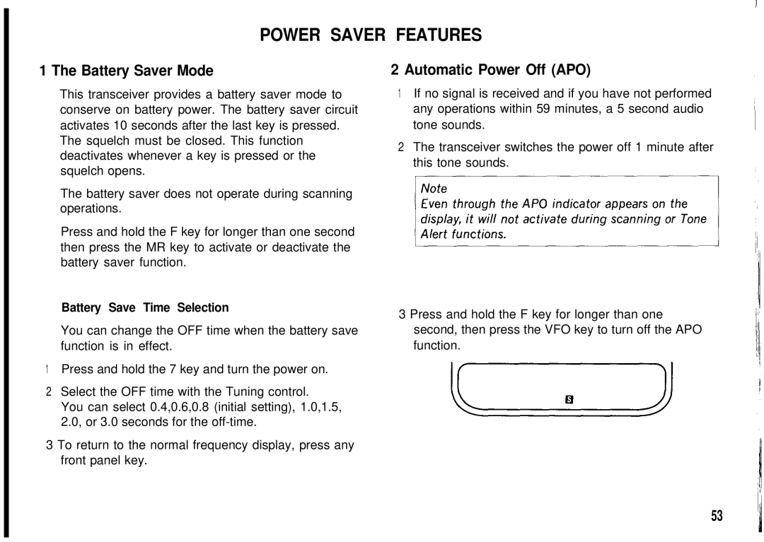 Kenwood TH-78A, TH78E Power Saver Features, Battery Saver Mode, Automatic Power Off APO, Battery Save Time Selection 