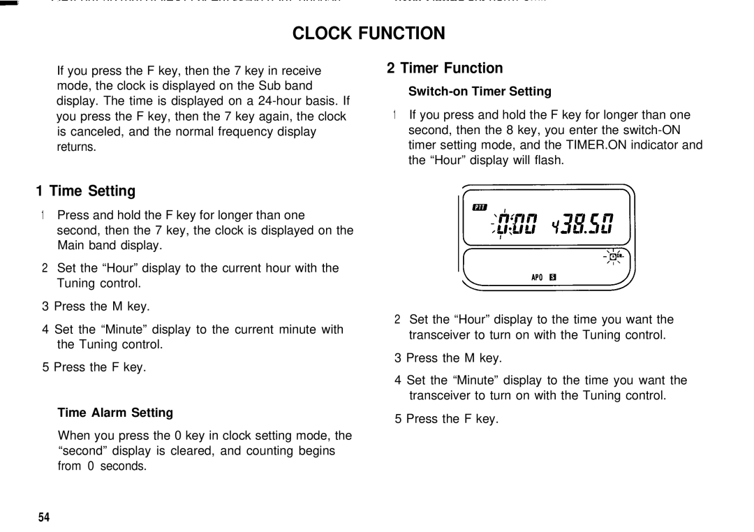 Kenwood TH78E, TH-78A Clock Function, Time Setting, Timer Function, Time Alarm Setting, Switch-on Timer Setting 