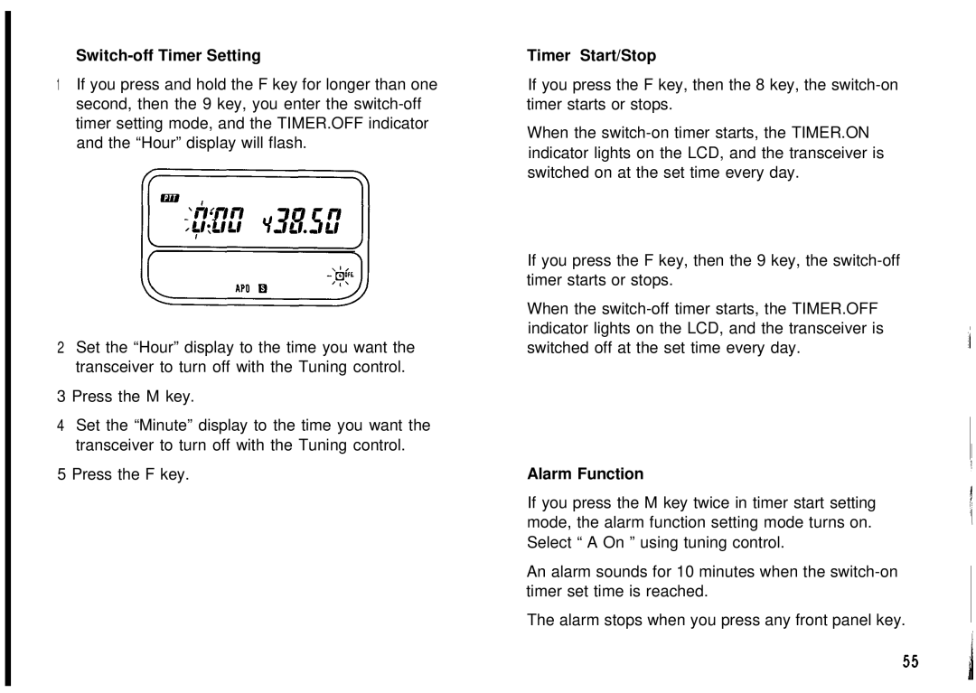 Kenwood TH-78A, TH78E instruction manual Switch-off Timer Setting, Timer Start/Stop, Alarm Function 