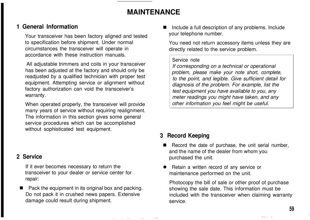 Kenwood TH-78A, TH78E instruction manual Maintenance, General Information, Service, Record Keeping 