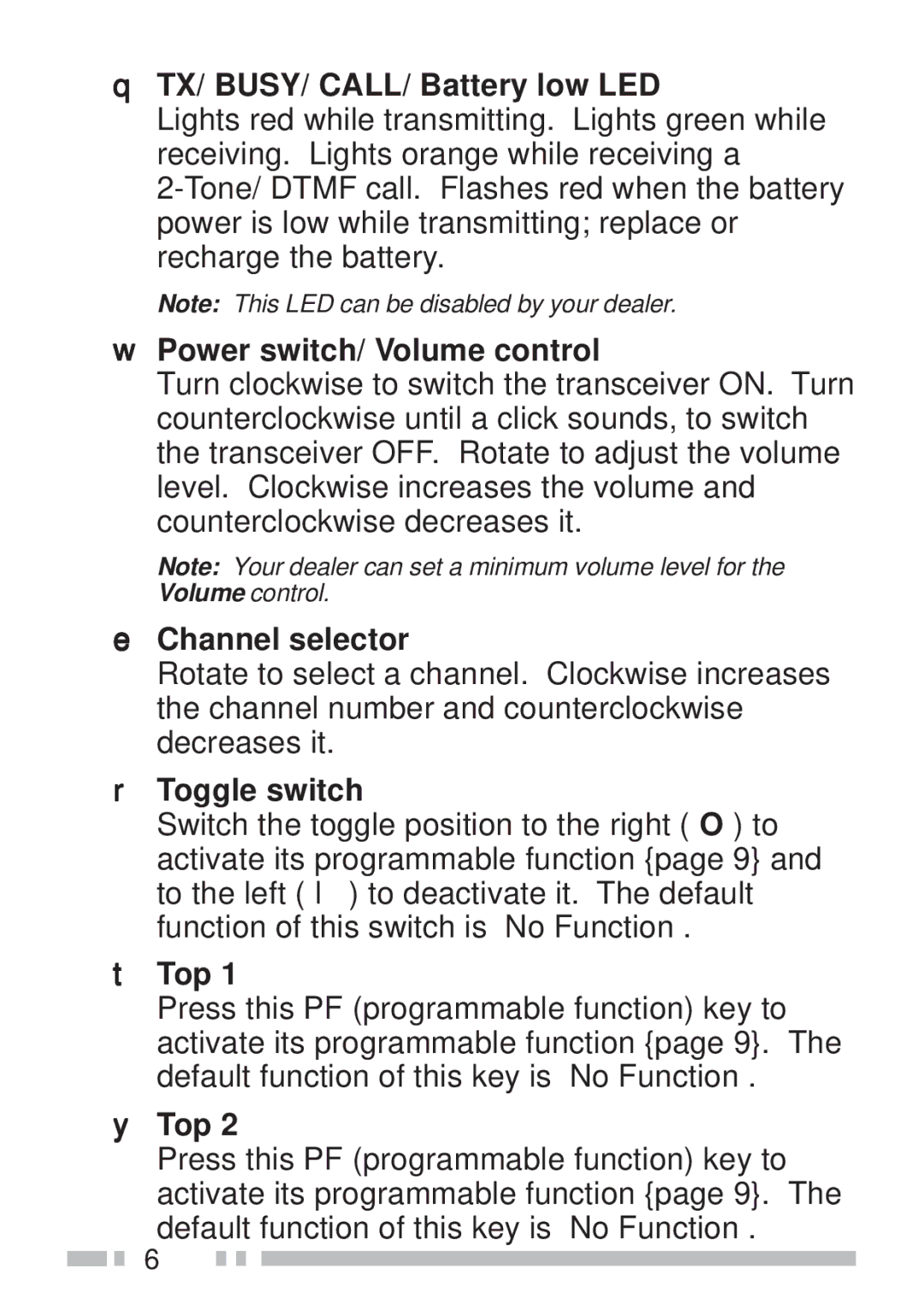 Kenwood TK-190 TX/ BUSY/ CALL/ Battery low LED, Power switch/ Volume control, Channel selector, Toggle switch, Top 