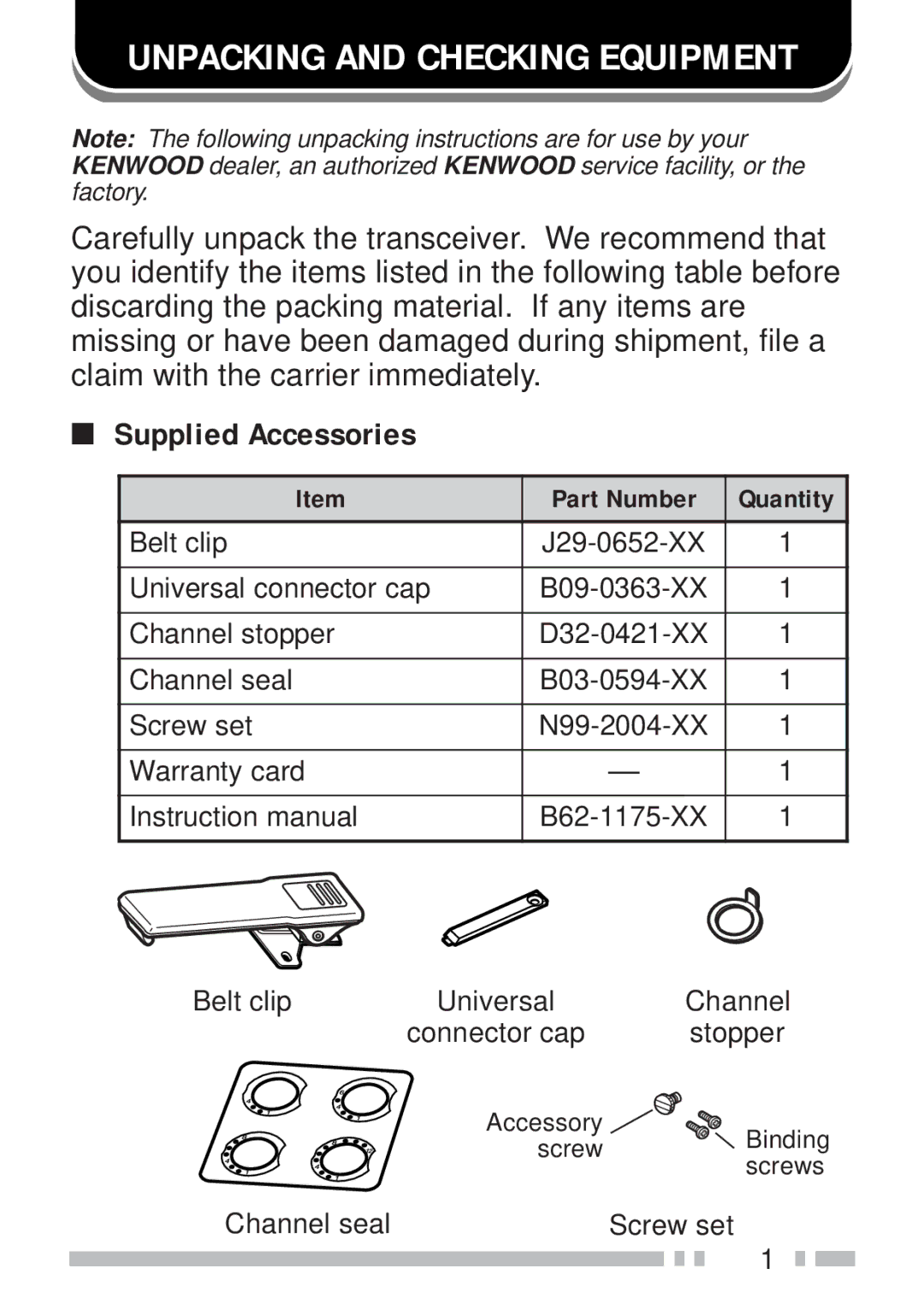 Kenwood TK-190 instruction manual Unpacking and Checking Equipment, Supplied Accessories 