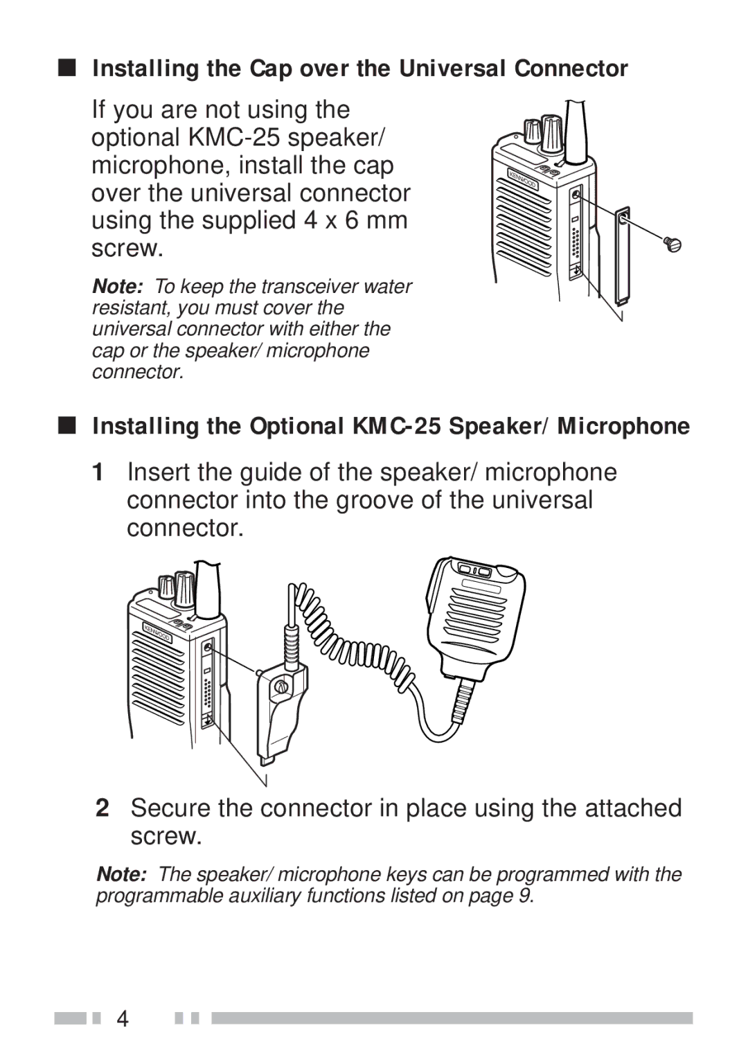 Kenwood TK-190 Installing the Cap over the Universal Connector, Installing the Optional KMC-25 Speaker/ Microphone 