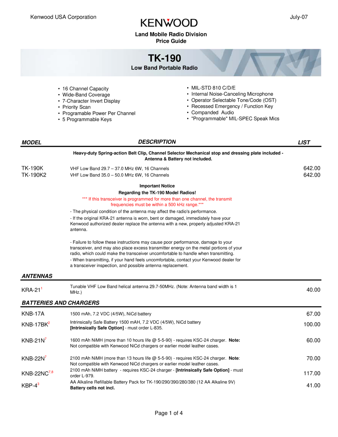 Kenwood TK-190 manual Model Description List, Antennas, Batteries and Chargers, KNB-17A KNB-17BK2 