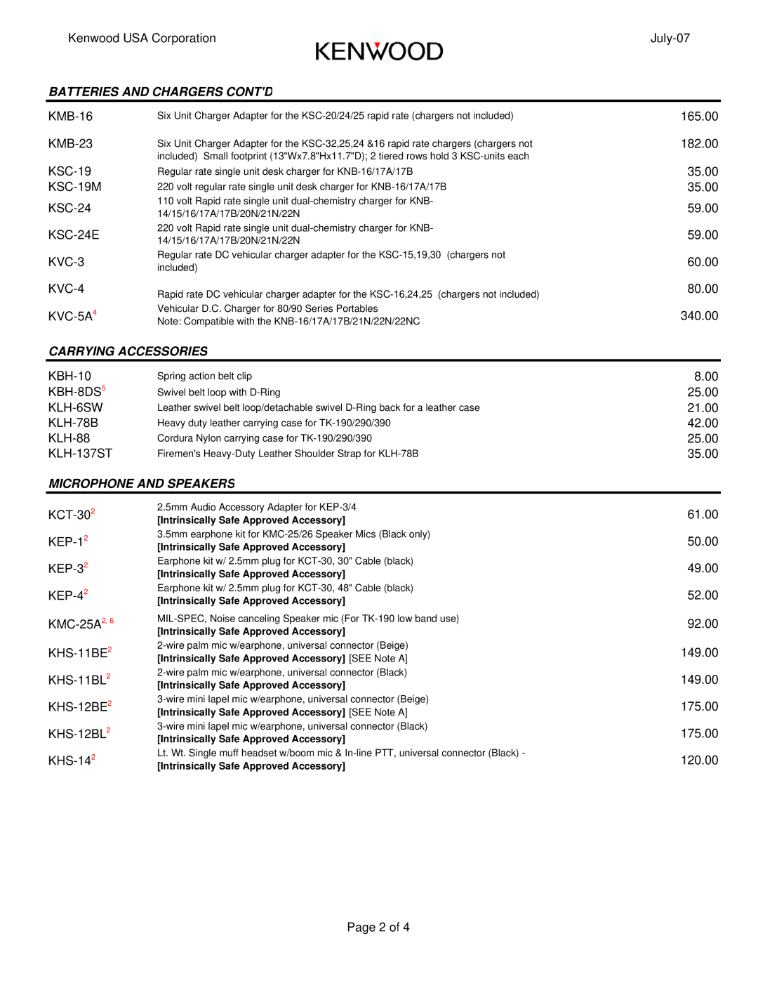 Kenwood TK-190 manual Batteries and Chargers Contd, Carrying Accessories, Microphone and Speakers 