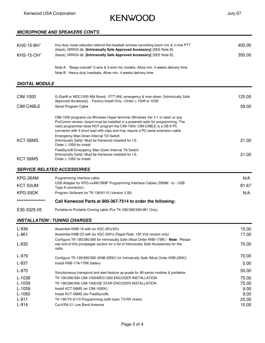 Kenwood TK-190 Microphone and Speakers Contd, Digital Module, Service Related Accessories, Installation / Tuning Charges 