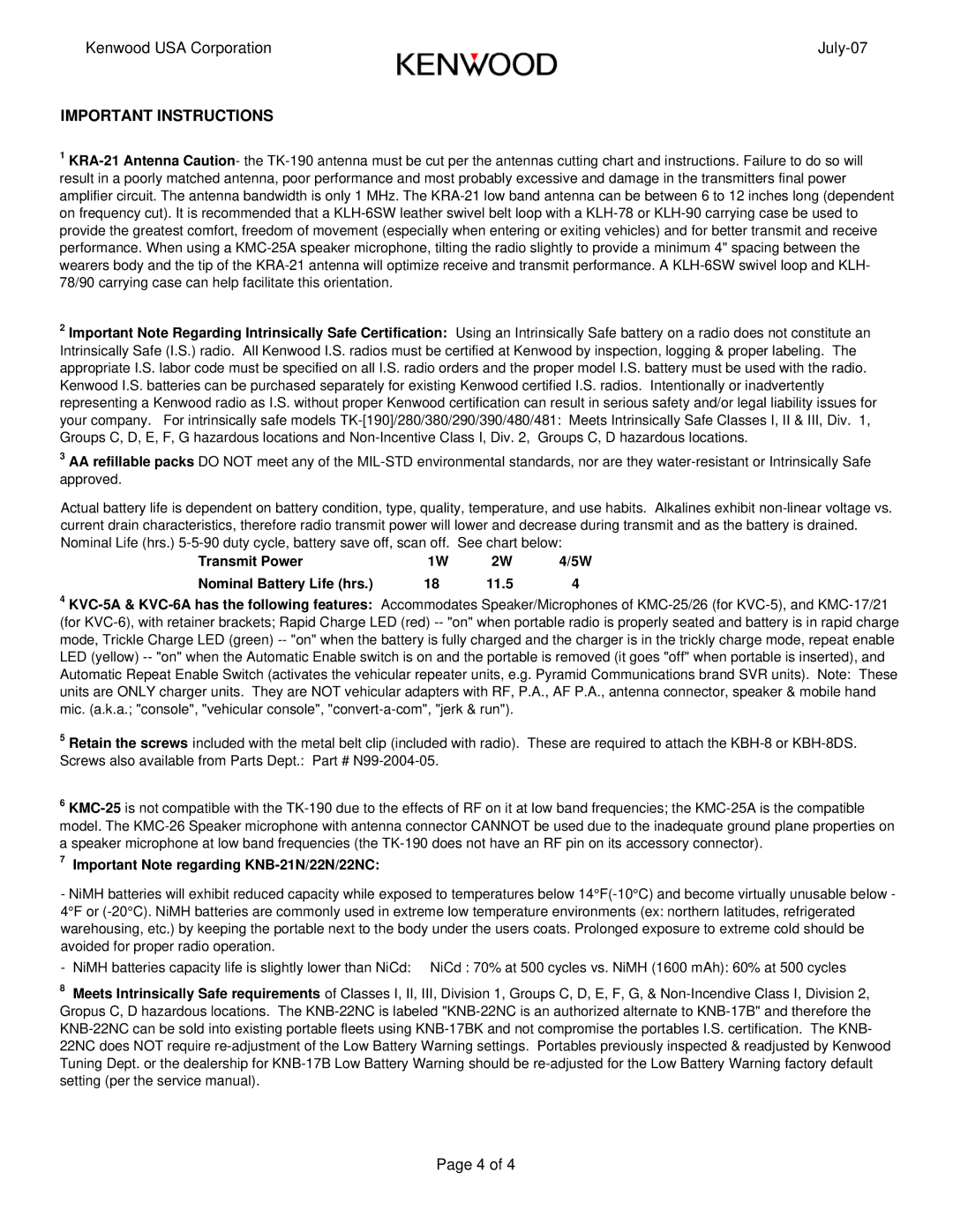 Kenwood TK-190 manual Important Instructions 