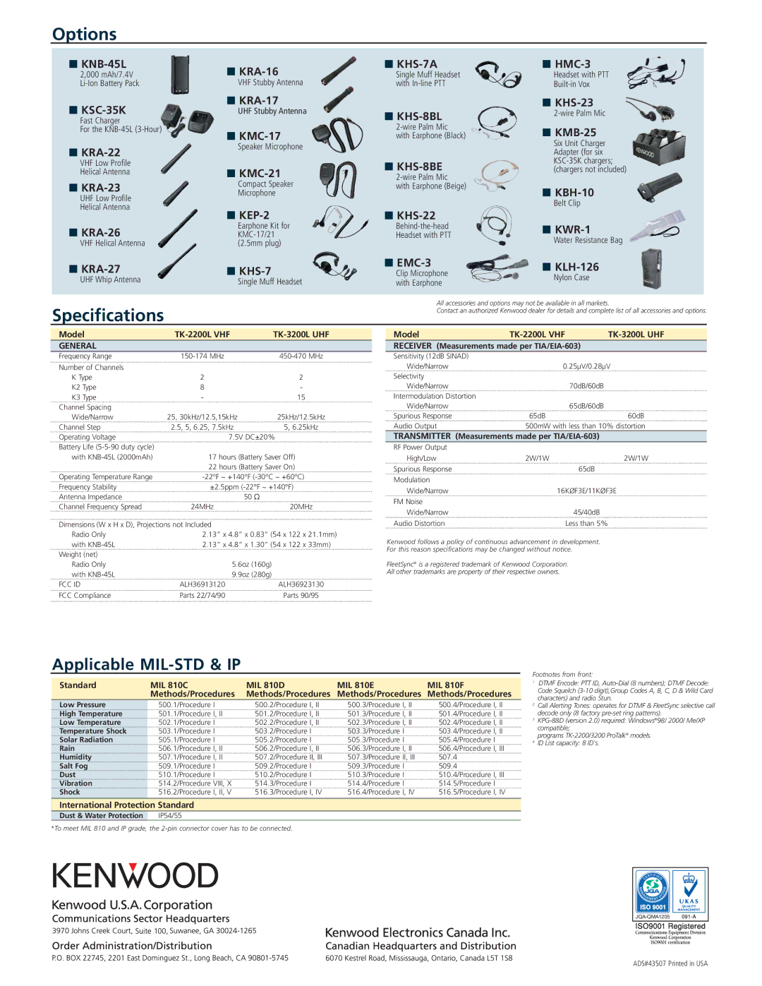 Kenwood TK-2200L, TK-3200L manual Options, Specifications, KHS-8BL, KHS-8BE 