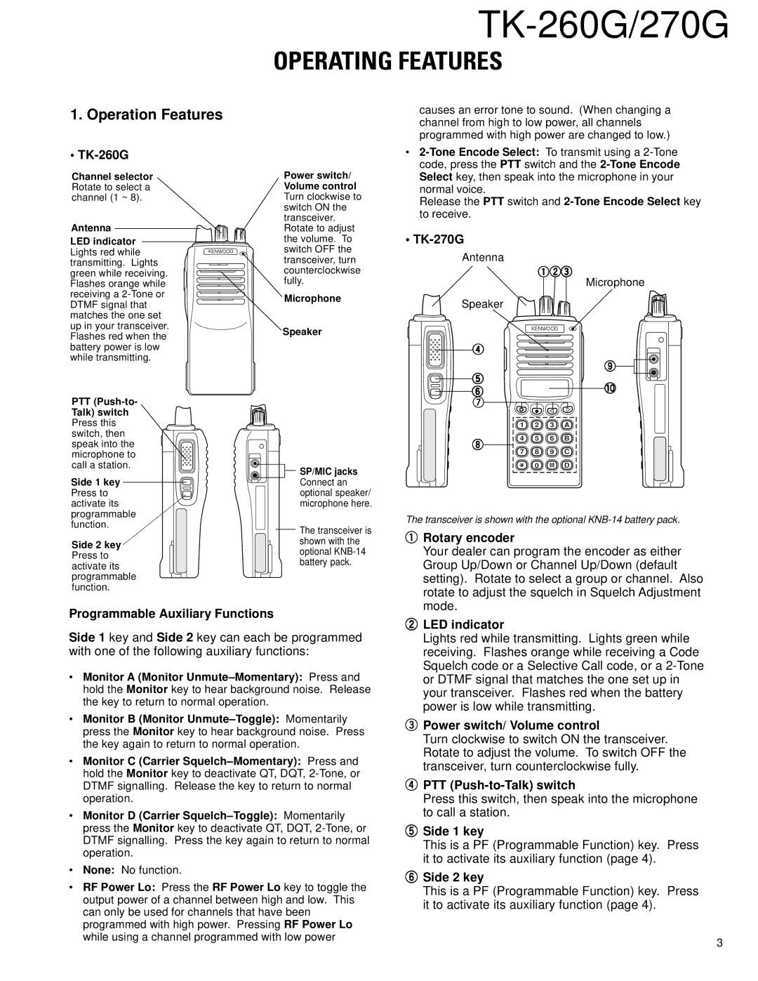 Kenwood TK-260G, TK-270G service manual Operating Features, Operation Features 