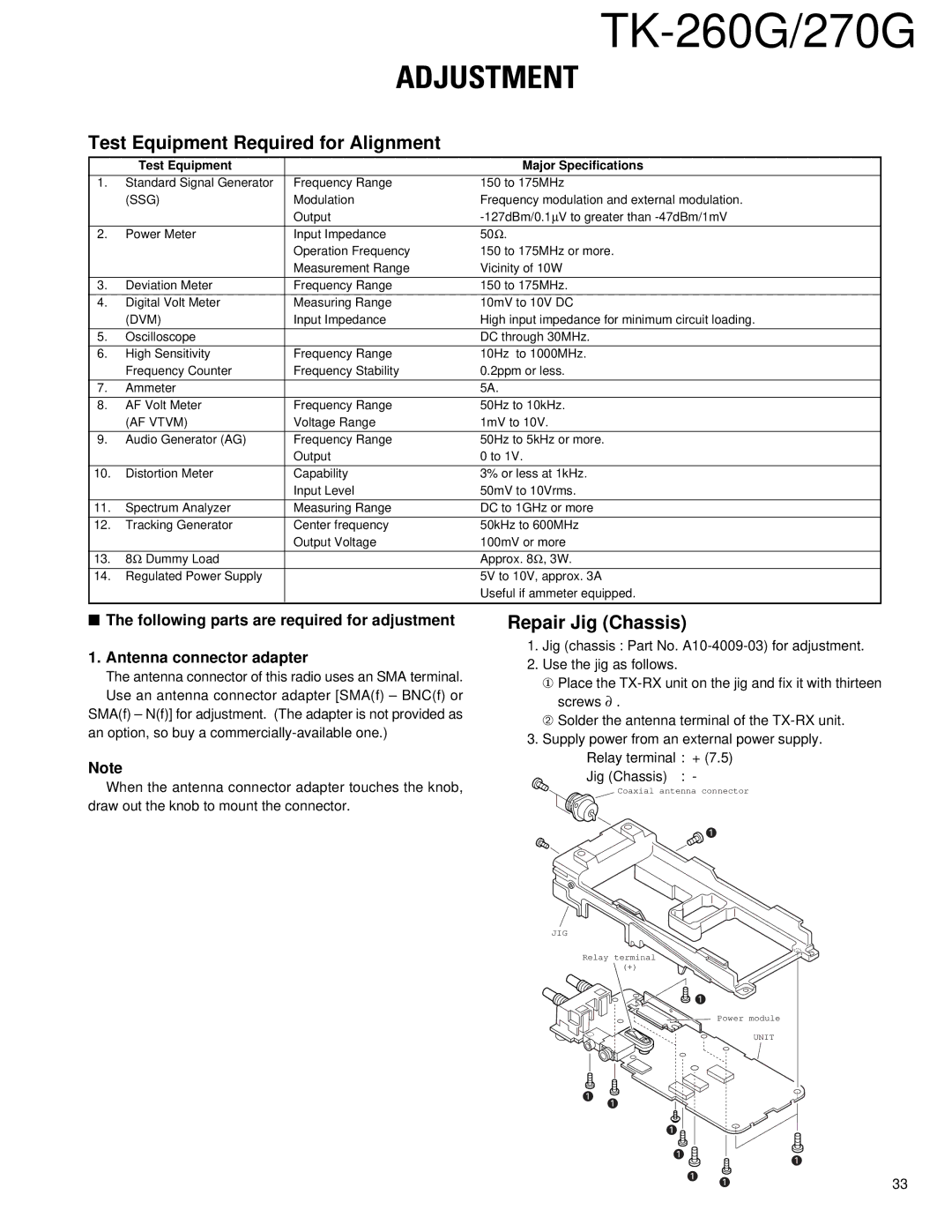 Kenwood TK-260G, TK-270G service manual Adjustment, Test Equipment Required for Alignment, Repair Jig Chassis 