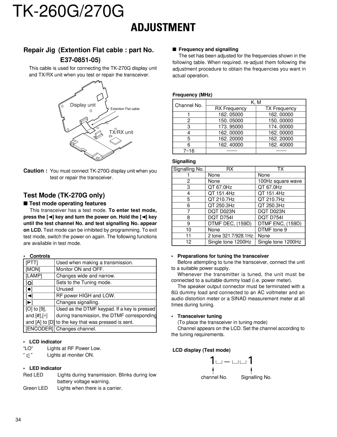 Kenwood Repair Jig Extention Flat cable part No E37-0851-05, Test Mode TK-270G only, Test mode operating features 