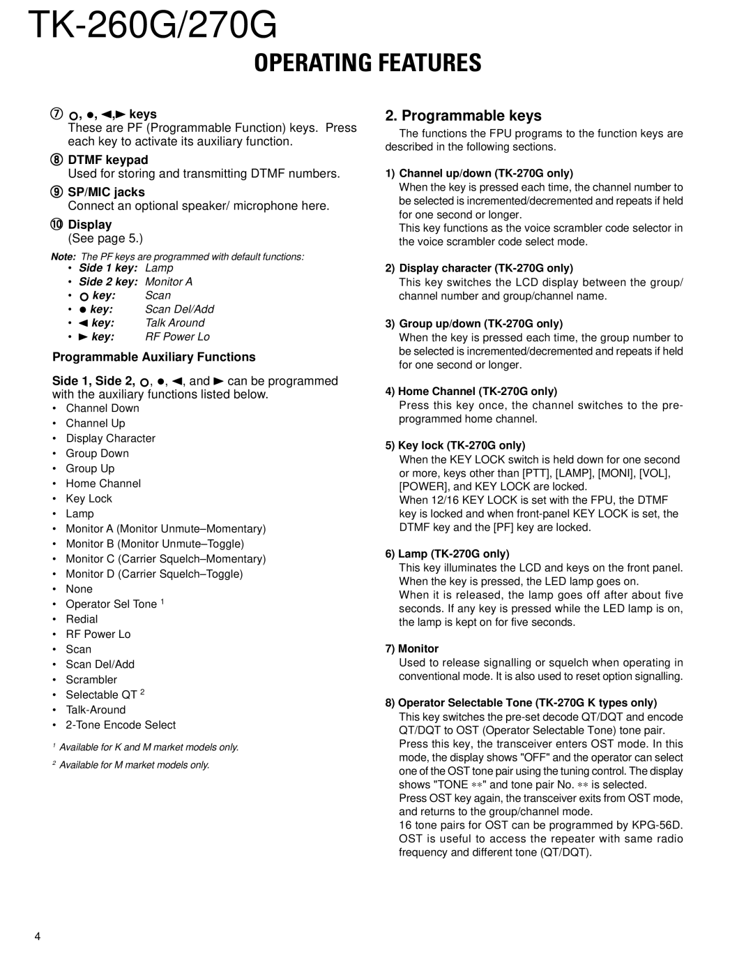 Kenwood TK-270G, TK-260G service manual Programmable keys, Dtmf keypad, SP/MIC jacks, 0Display 