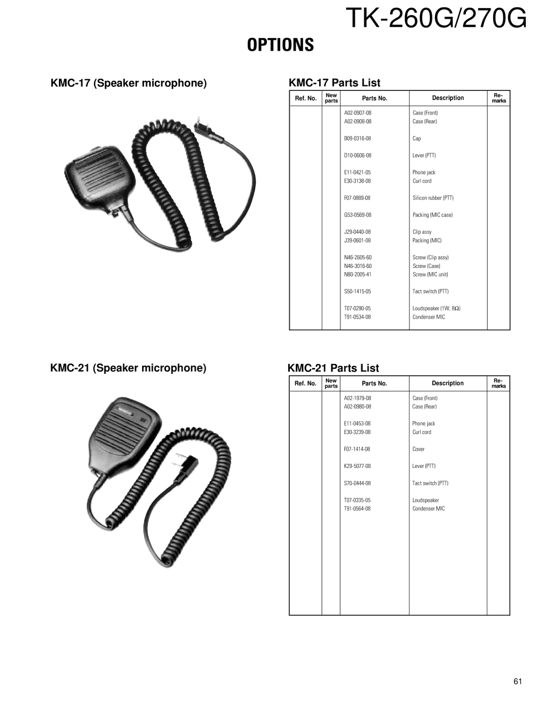 Kenwood TK-260G, TK-270G Options, KMC-17 Speaker microphone KMC-17 Parts List, KMC-21 Speaker microphone KMC-21 Parts List 