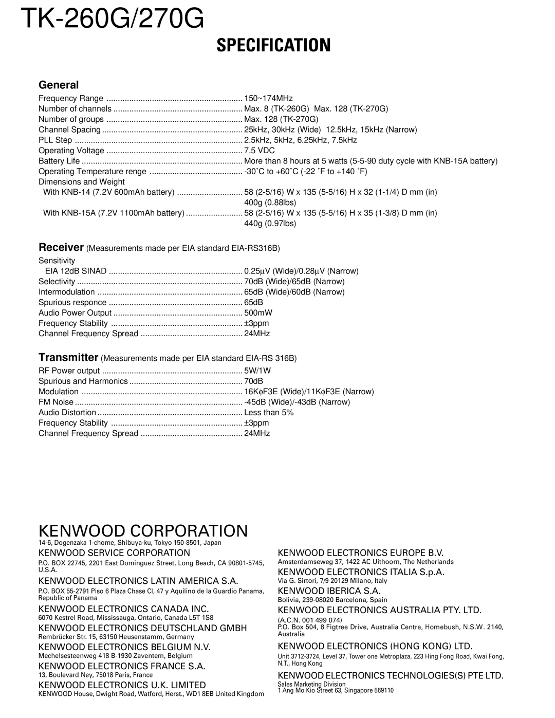 Kenwood TK-270G, TK-260G service manual Specification, General 