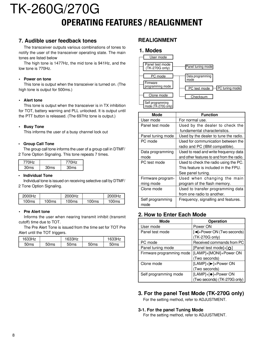 Kenwood TK-270G, TK-260G Operating Features / Realignment, Audible user feedback tones, Modes, How to Enter Each Mode 