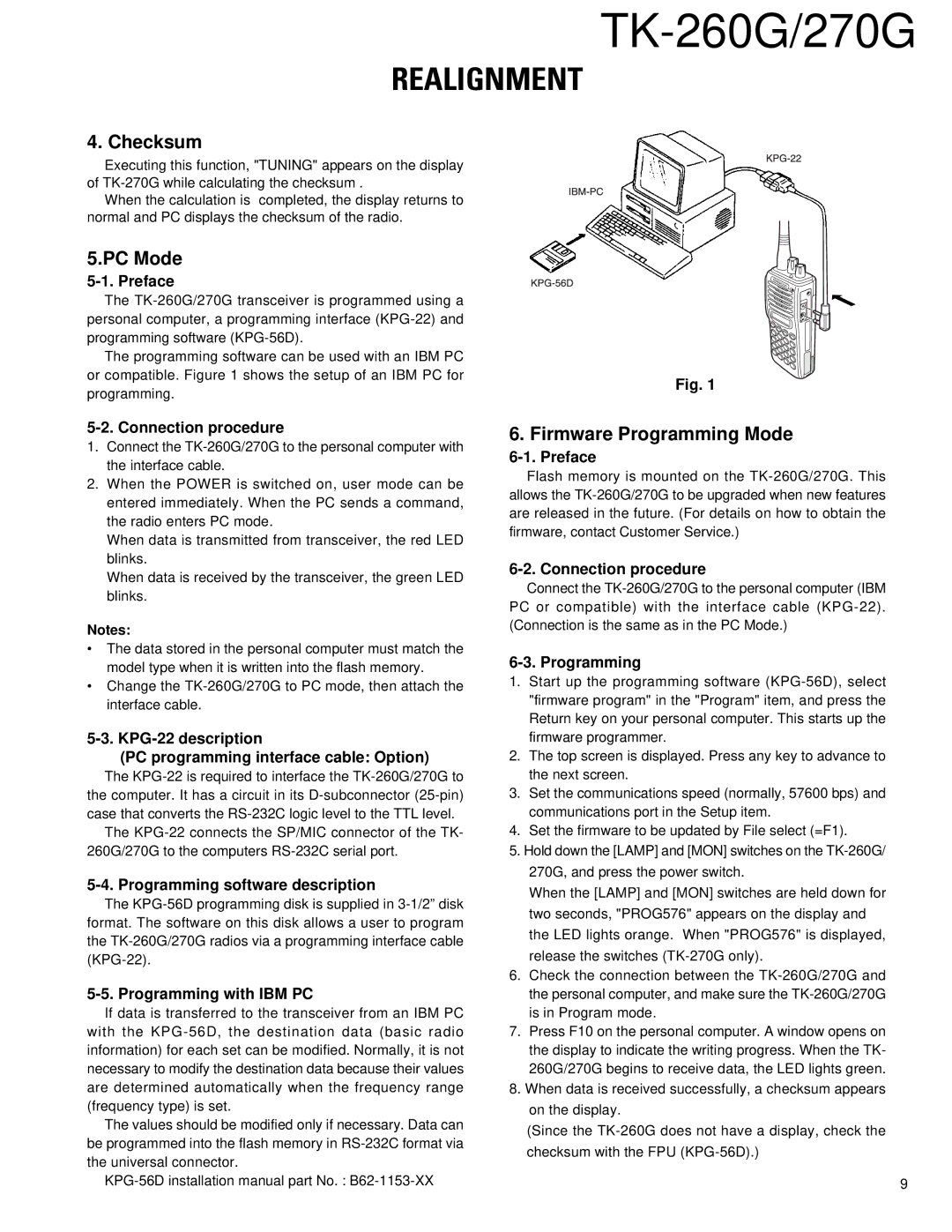 Kenwood TK-260G, TK-270G service manual Realignment, Checksum, PC Mode, Firmware Programming Mode 