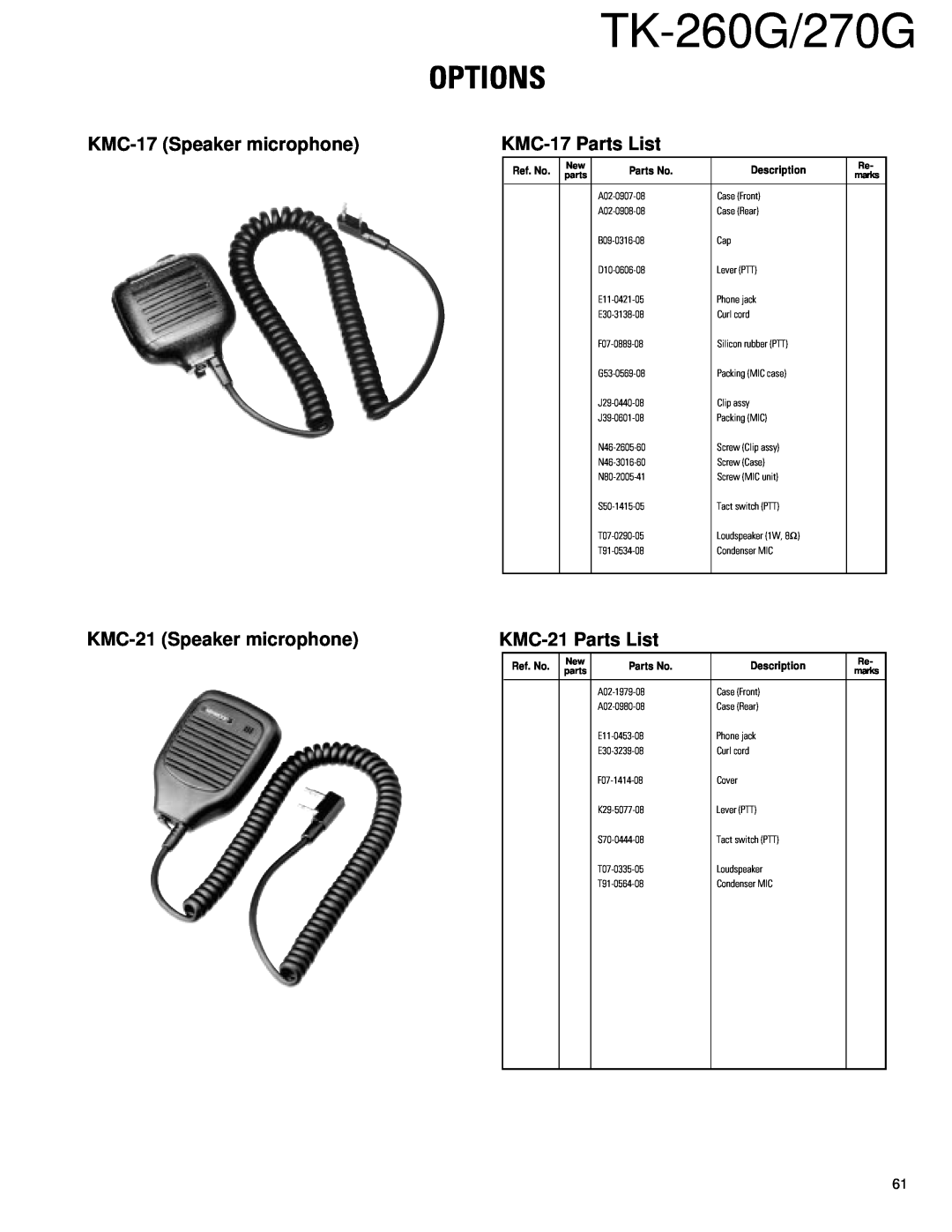 Kenwood TK-260G, TK-270G Options, KMC-17Speaker microphone, KMC-17Parts List, KMC-21Speaker microphone, KMC-21Parts List 