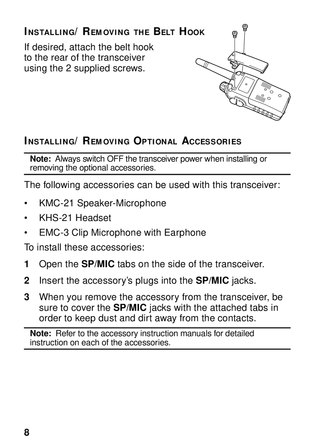 Kenwood TK-3130 instruction manual INSTALLING/ Removing the Belt Hook 