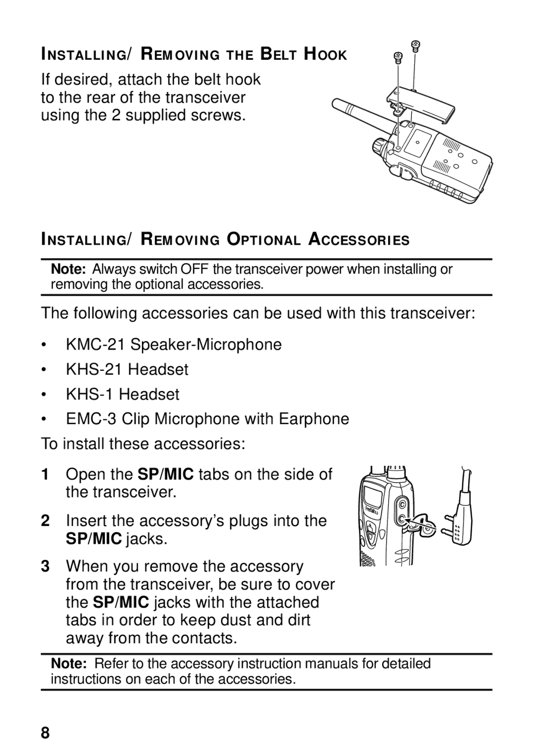 Kenwood TK-3131 instruction manual INSTALLING/ Removing the Belt Hook 