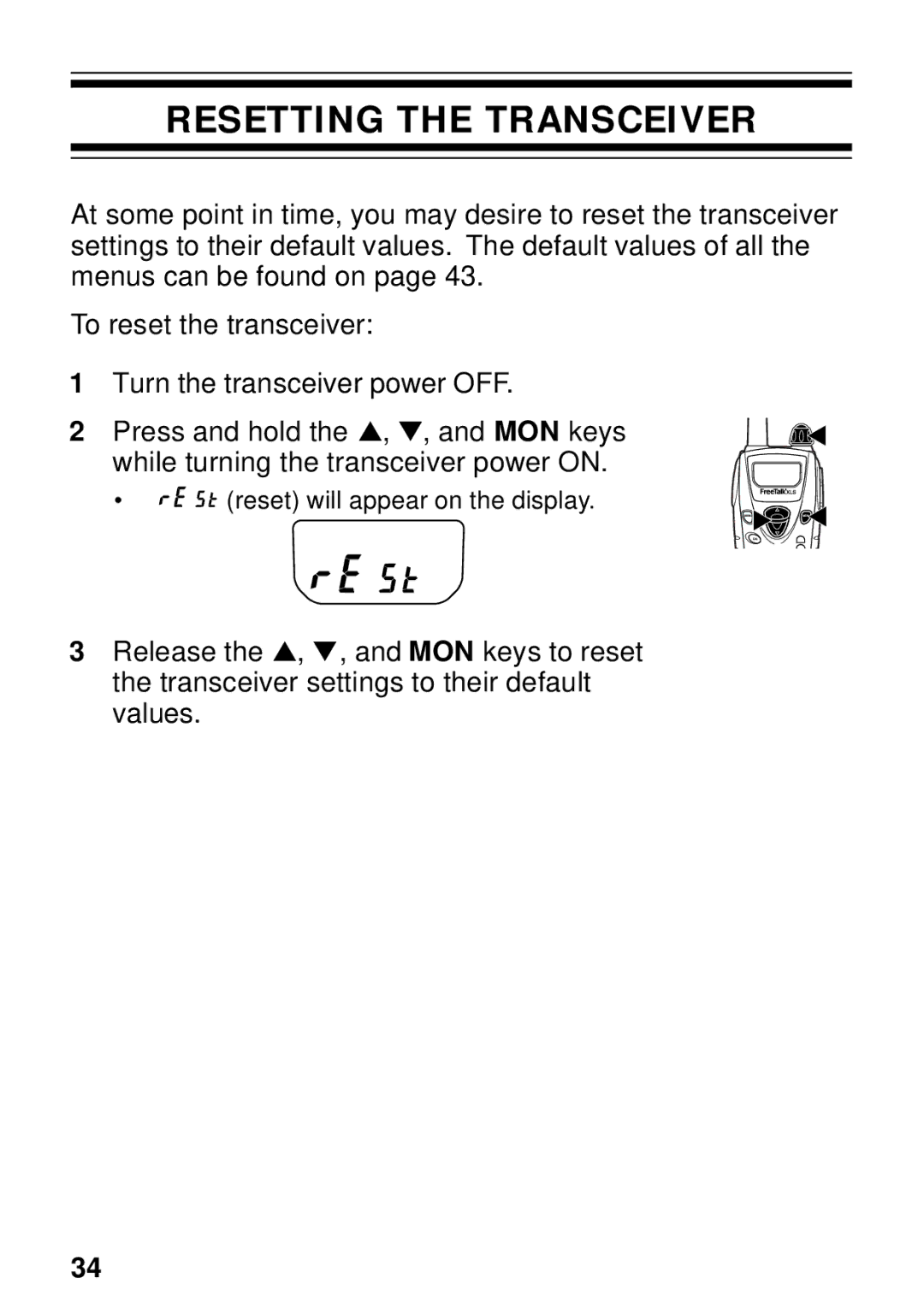 Kenwood TK-3131 instruction manual Resetting the Transceiver 