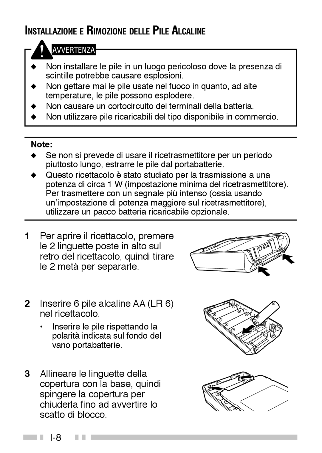 Kenwood TK-3160 instruction manual Installazione E Rimozione Delle Pile Alcaline 