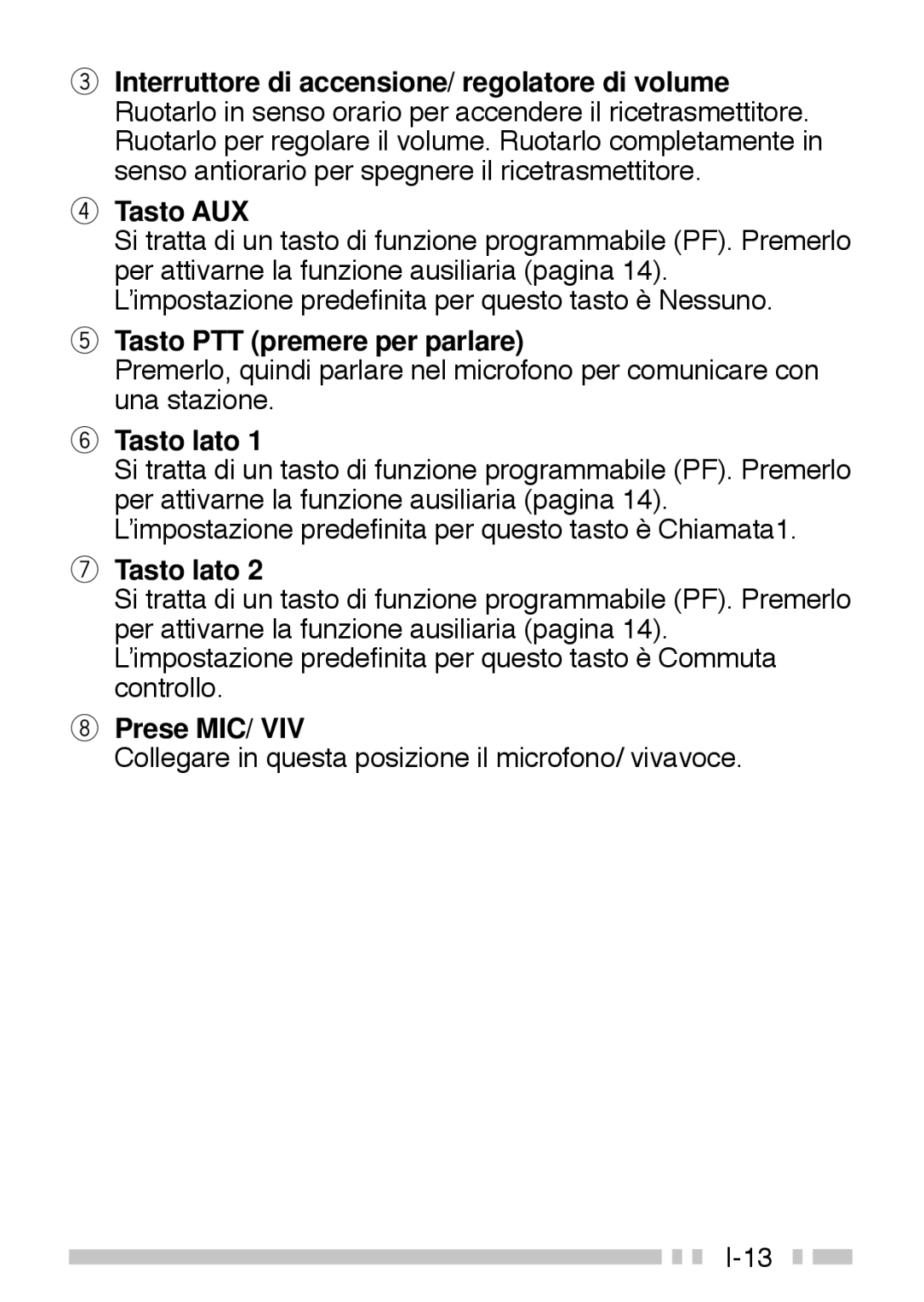 Kenwood TK-3160 instruction manual Tasto AUX, Tasto PTT premere per parlare, Tasto lato, Prese MIC 