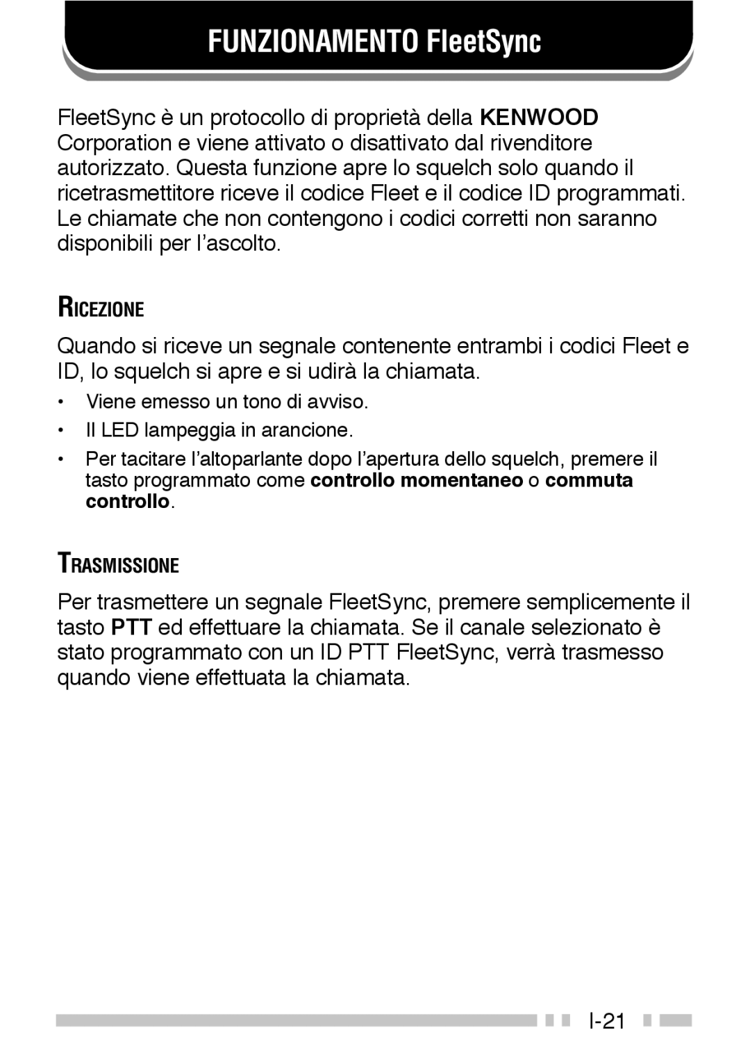 Kenwood TK-3160 instruction manual Funzionamento FleetSync 