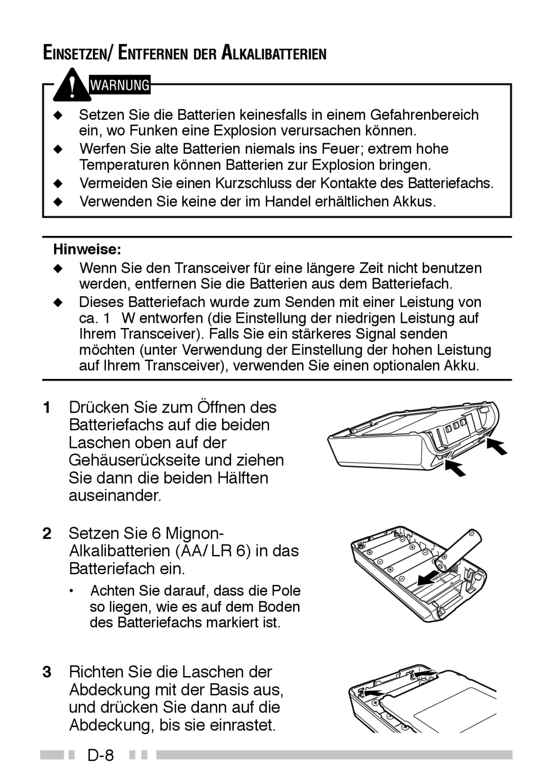 Kenwood TK-3160 instruction manual EINSETZEN/ Entfernen DER Alkalibatterien 