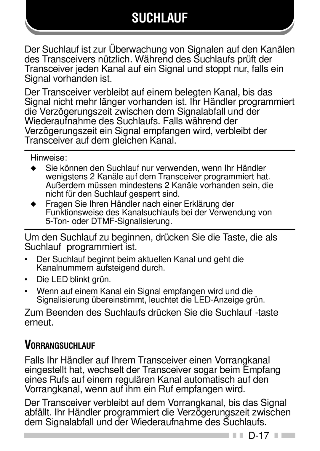 Kenwood TK-3160 instruction manual Suchlauf, Hinweise 