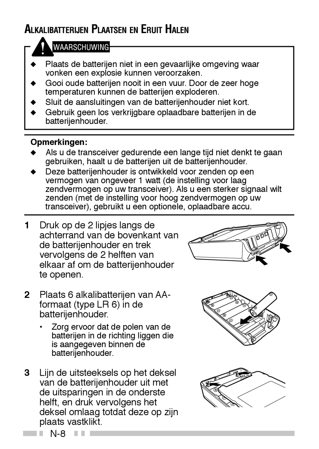 Kenwood TK-3160 instruction manual Alkalibatterijen Plaatsen EN Eruit Halen 