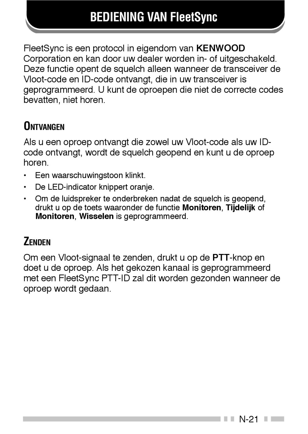 Kenwood TK-3160 instruction manual Bediening VAN FleetSync 