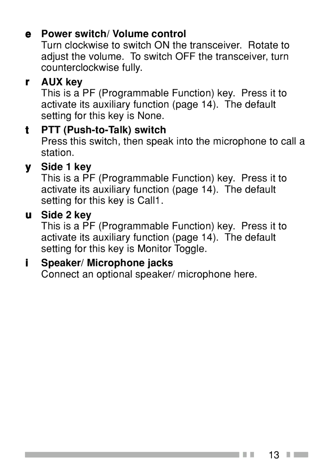 Kenwood TK-3160 instruction manual Power switch/ Volume control, AUX key, PTT Push-to-Talk switch, Side 1 key, Side 2 key 