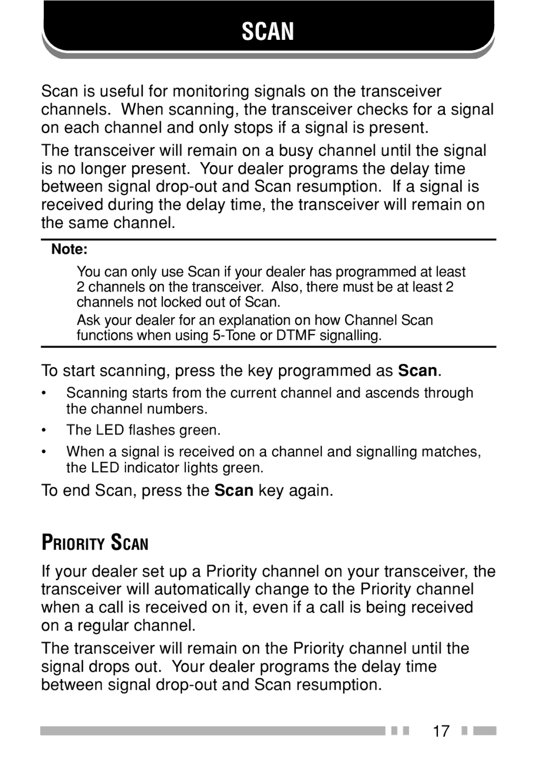 Kenwood TK-3160 To start scanning, press the key programmed as Scan, To end Scan, press the Scan key again 