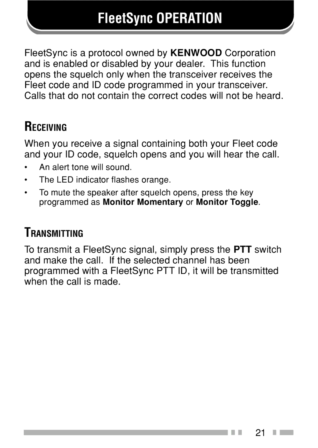 Kenwood TK-3160 instruction manual FleetSync Operation 