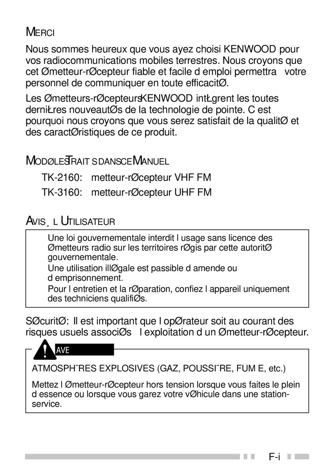 Kenwood TK-3160 instruction manual Atmosphères Explosives GAZ, POUSSIÈRE, FUMÉE, etc 