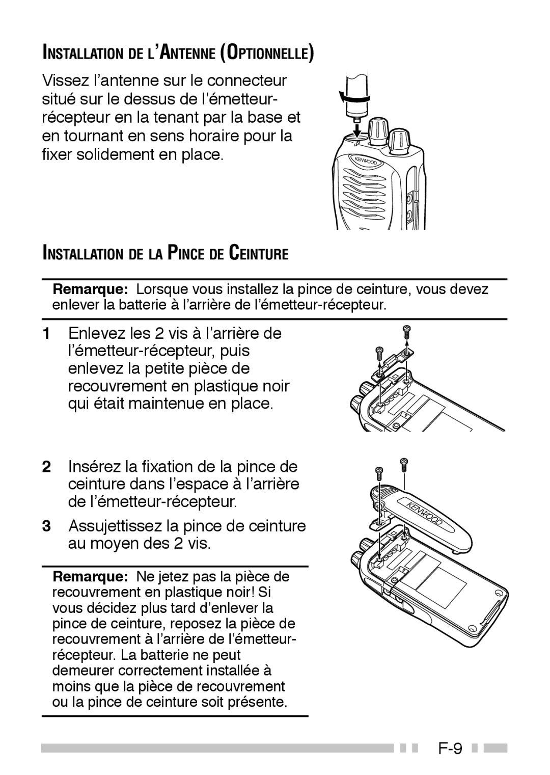 Kenwood TK-3160 instruction manual Assujettissez la pince de ceinture au moyen des 2 vis 